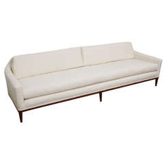 Curved Back Walnut Framed Linen Covered Sofa