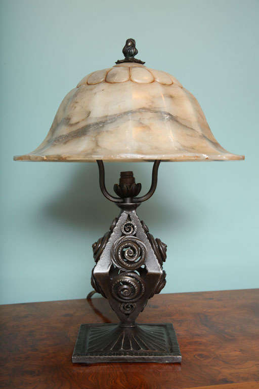 French Art Deco Wrought Iron And Alabaster Desk Lamp In Excellent Condition In Englewood, NJ