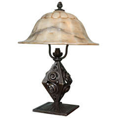 French Art Deco Wrought Iron And Alabaster Desk Lamp