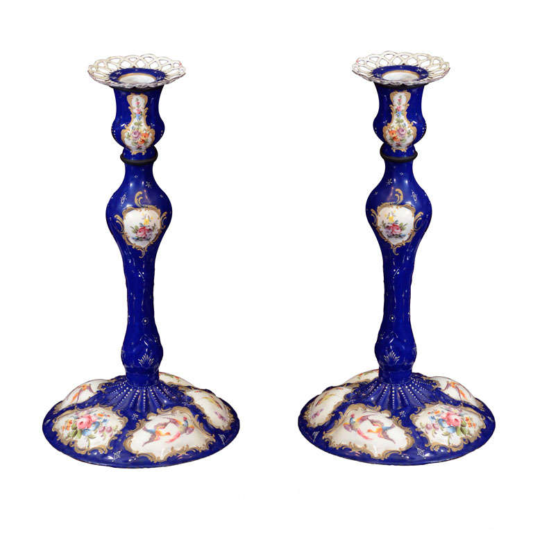 Pair of Battersea Enamel Candlesticks at 1stDibs