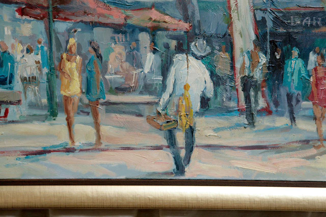 Mid-Century Modern Painting of Spanish Summer Street Life, Spain, 1956 For Sale