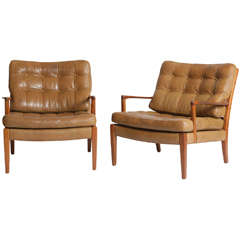 Arne Norell - Leather mustard color 2 pair seating chairs.