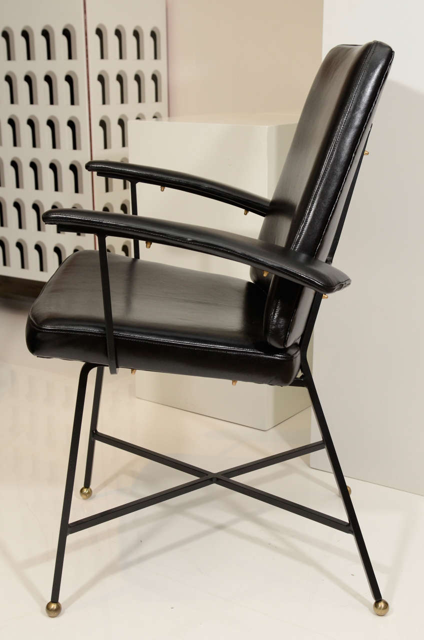 Mid-20th Century Pair of lacquered metal and leather armchairs by Jacques Quinet. For Sale