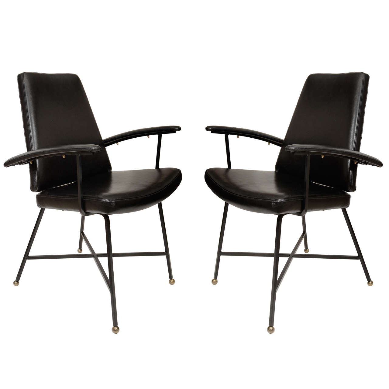 Pair of lacquered metal and leather armchairs by Jacques Quinet. For Sale
