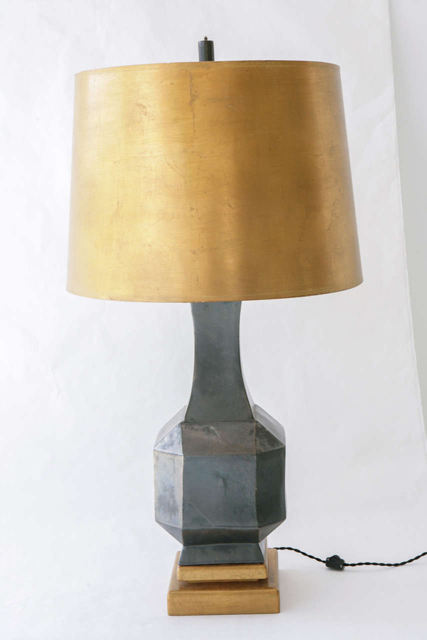 Pair of Gunmetal Grey Glazed Ceramic Lamps with Gold Leaf Shades