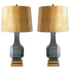 Pair of Gunmetal Grey Glazed Ceramic Lamps with Gold Leaf Shades