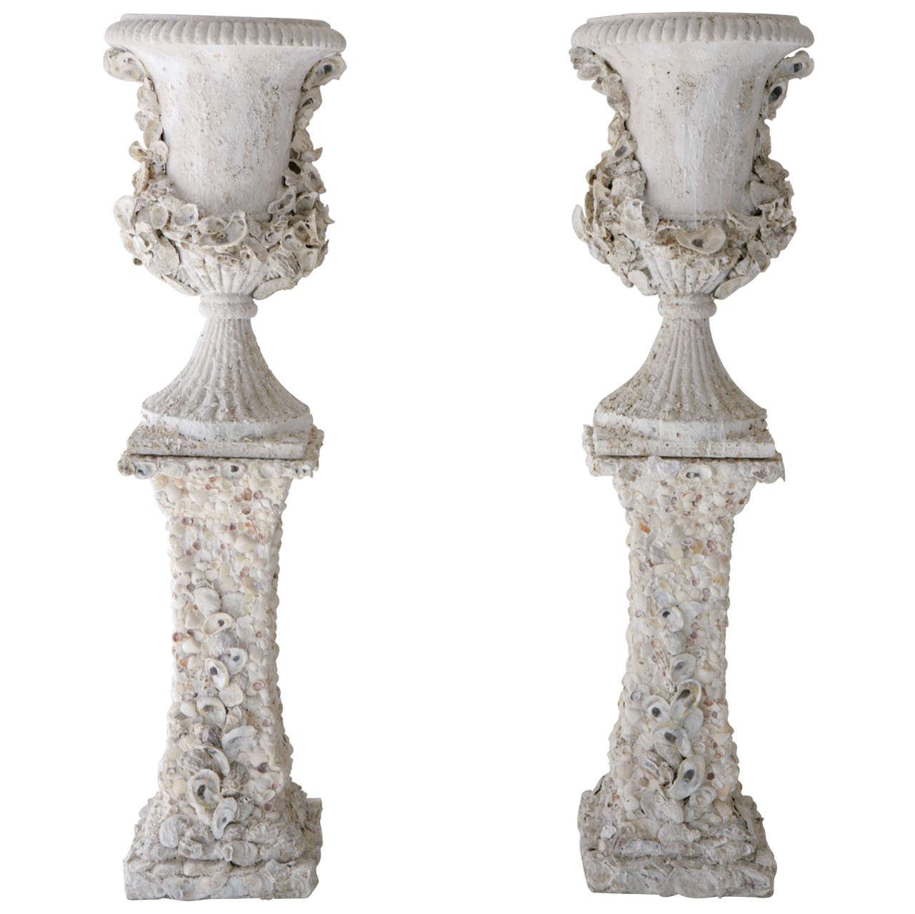Grotto Style Shell Encrusted Urns on Pedestals