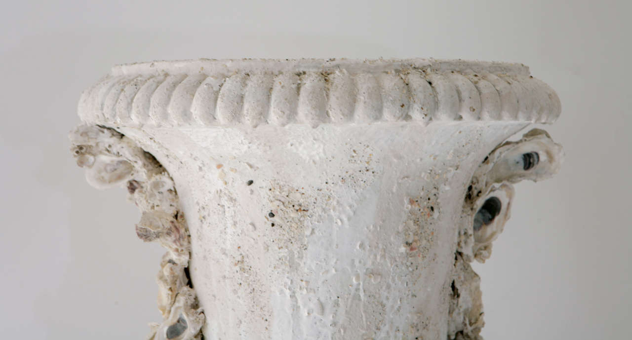 American Grotto Style Shell Encrusted Urns on Pedestals