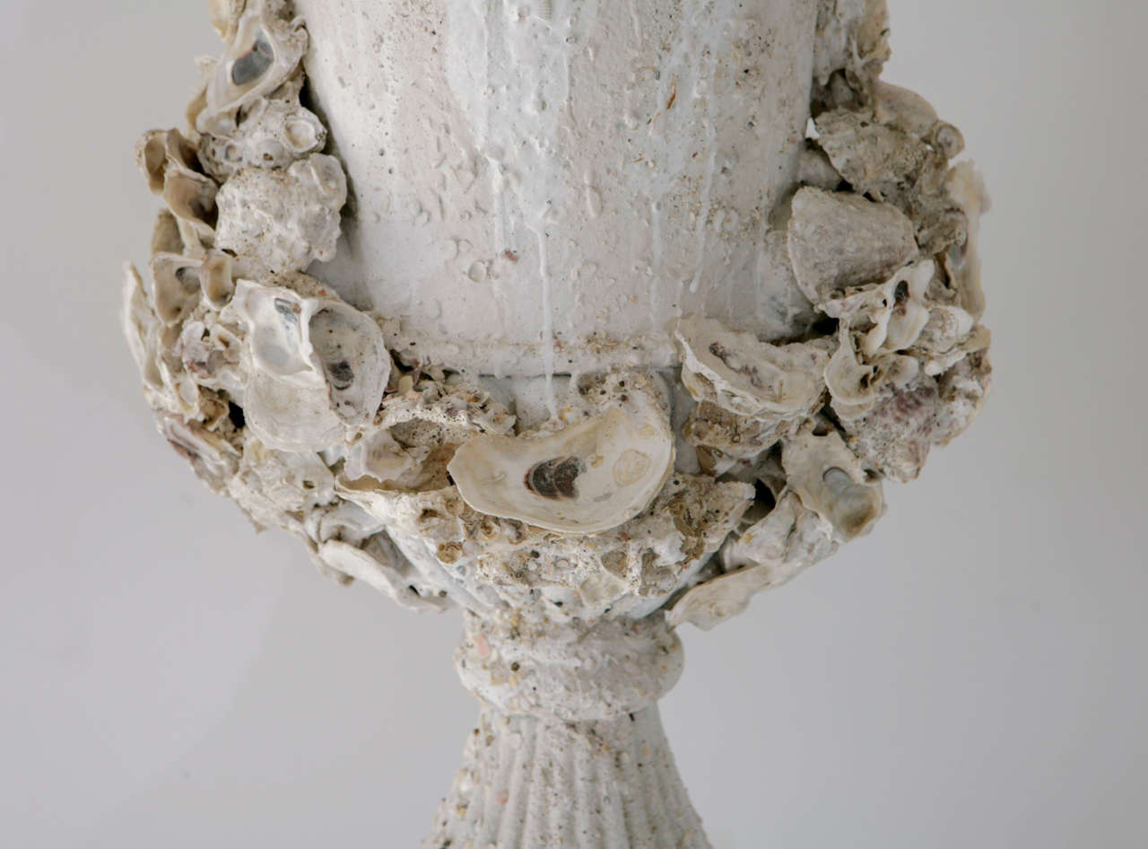 Grotto Style Shell Encrusted Urns on Pedestals In Excellent Condition In Palm Desert, CA