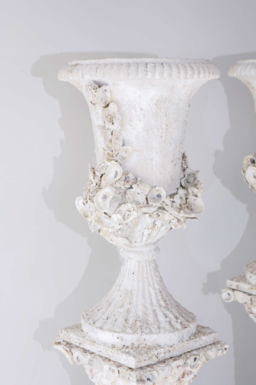Grotto Style Shell Encrusted Urns on Pedestals 2