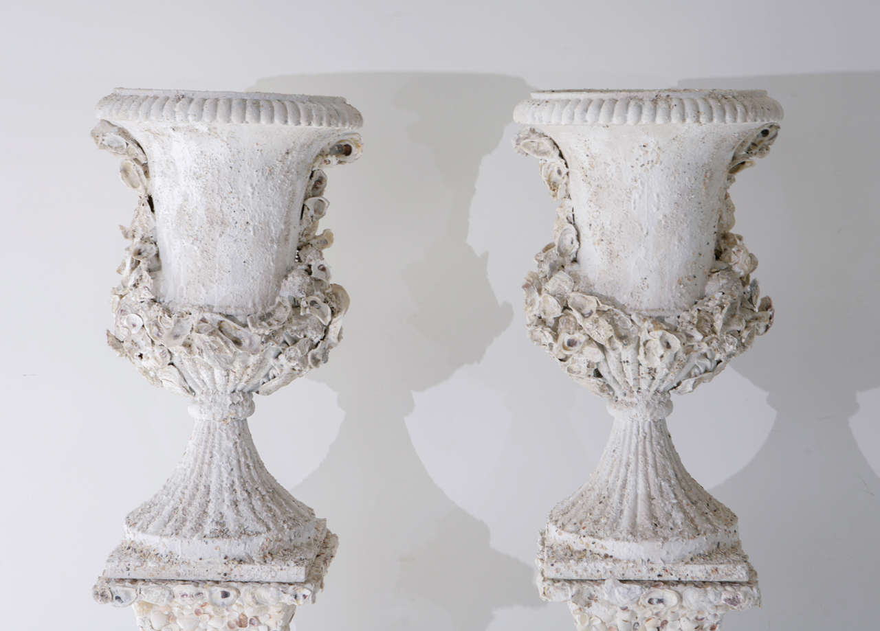 Grotto Style Shell Encrusted Urns on Pedestals 3