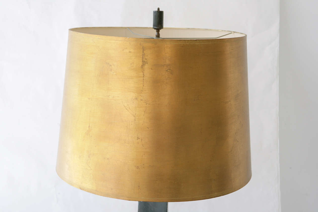 Pair of Gunmetal Grey Glazed Ceramic Lamps with Gold Leaf Shades at 1stDibs