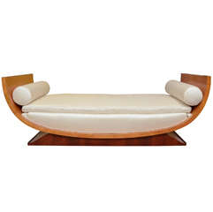 A Signed Leleu Upholstered Sycamore Daybed.