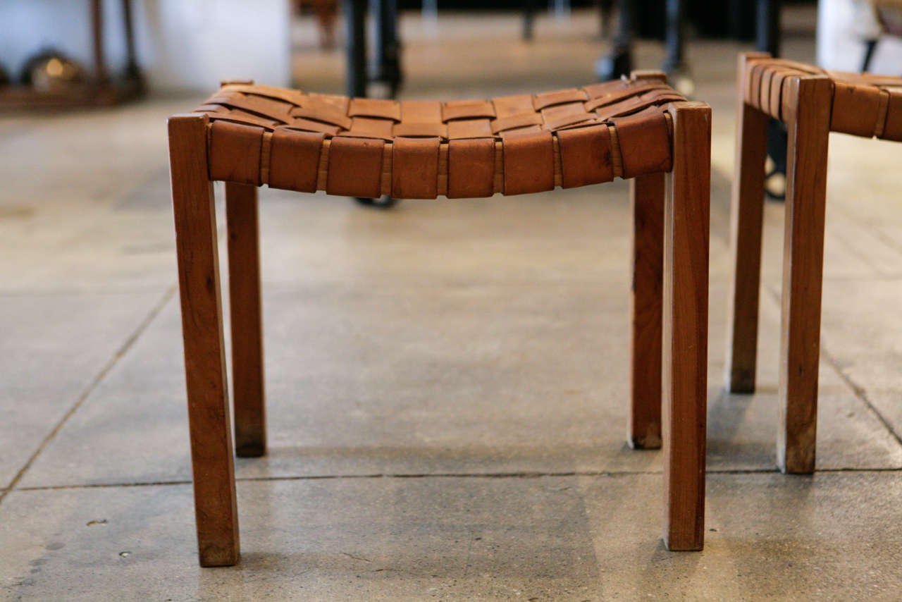 Beech A Pair of Leather Strapped Stools, Denmark 1950