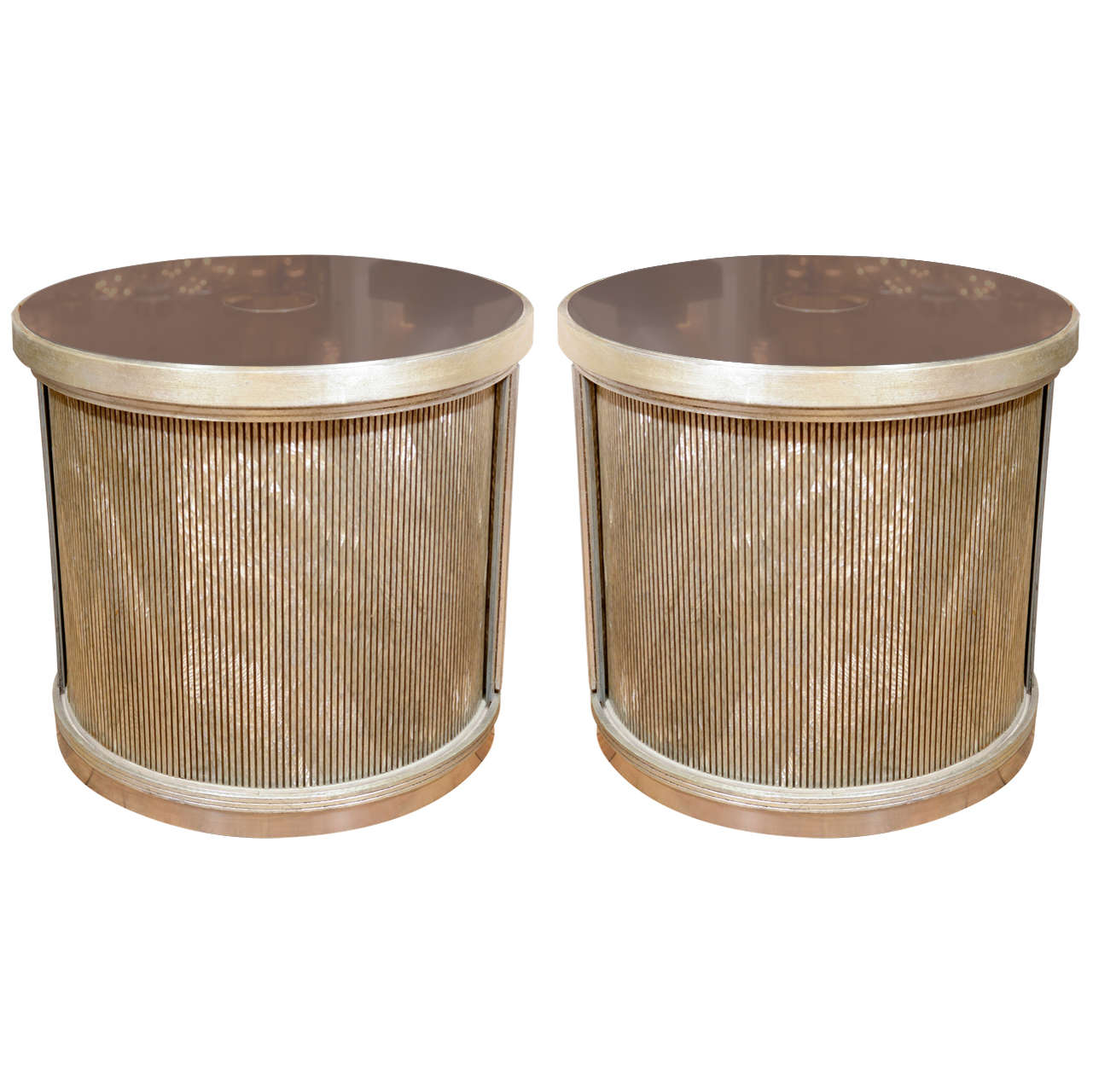 Pair Of Drum Form Side Tables With Sliding Door And Faux Finish Details