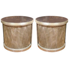 Pair Of Drum Form Side Tables With Sliding Door And Faux Finish Details