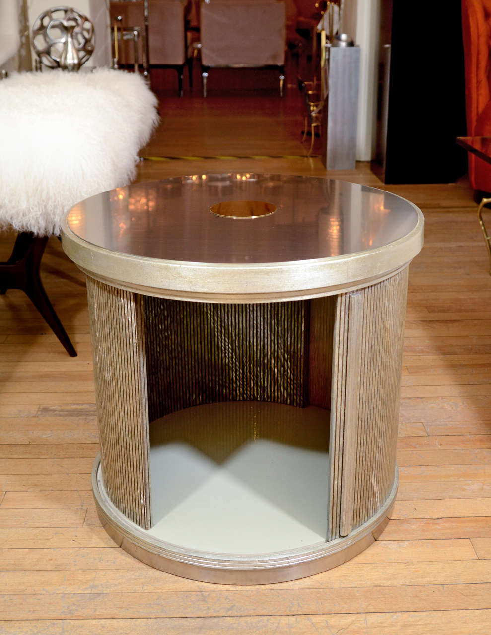 Late 20th Century Pair Of Drum Form Side Tables With Sliding Door And Faux Finish Details