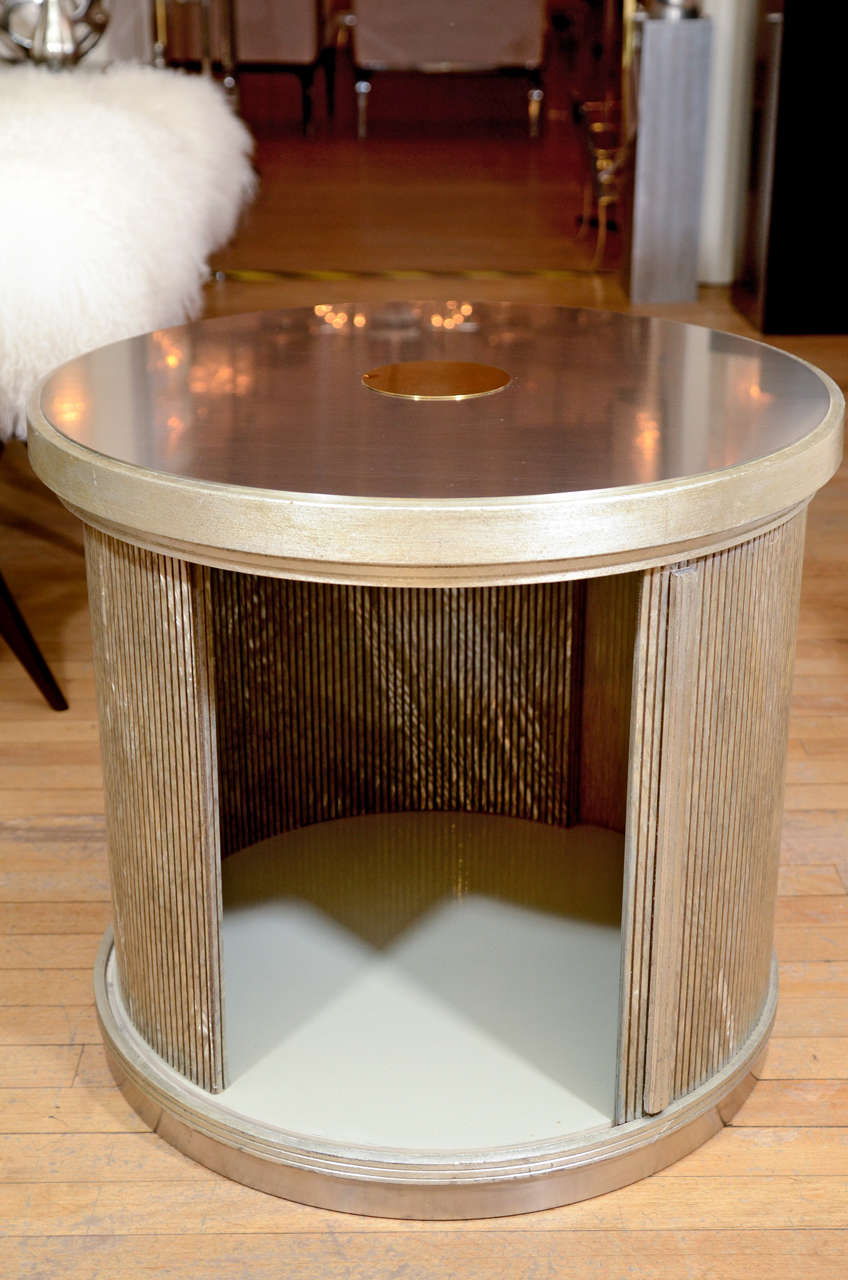 Wood Pair Of Drum Form Side Tables With Sliding Door And Faux Finish Details