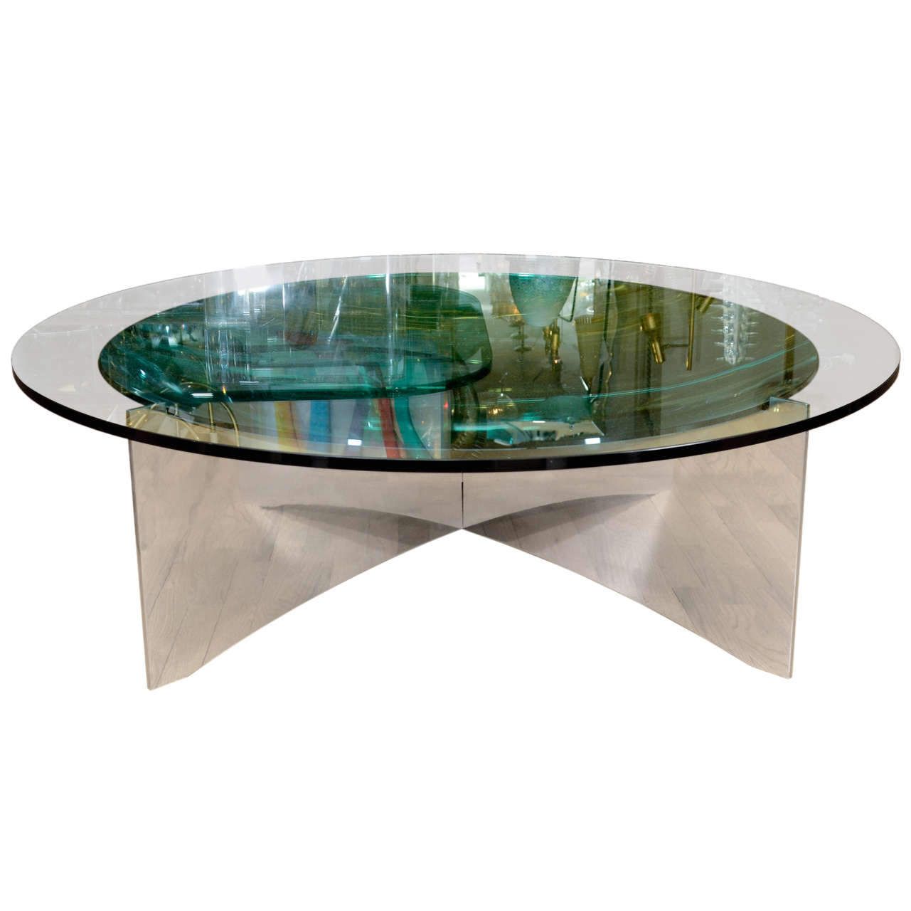 Unusual Concave Green Mercury Glass Coffee Table