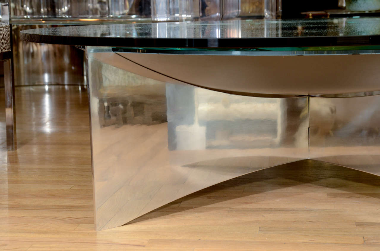 French Unusual Concave Green Mercury Glass Coffee Table
