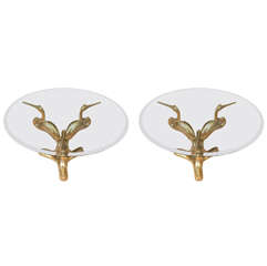 Circular Brass And Glass Side Tables With Sculpted Crane Supports