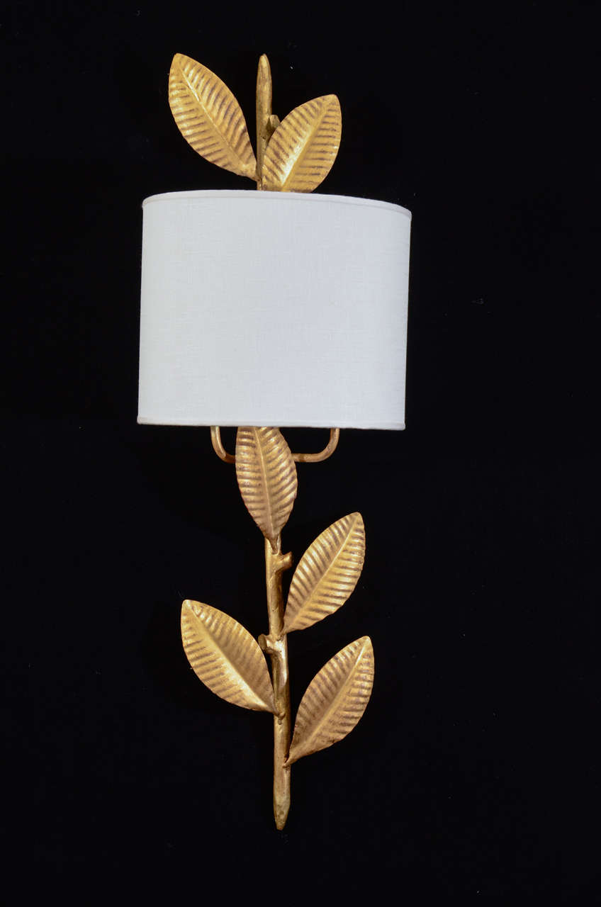 Gilt Iron Leaf Motif Sconces with Shield Shades