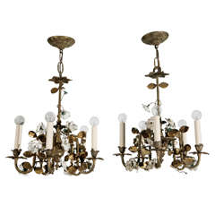 French Brass Six Arm Chandelier with Gilt Porcelain Flowers
