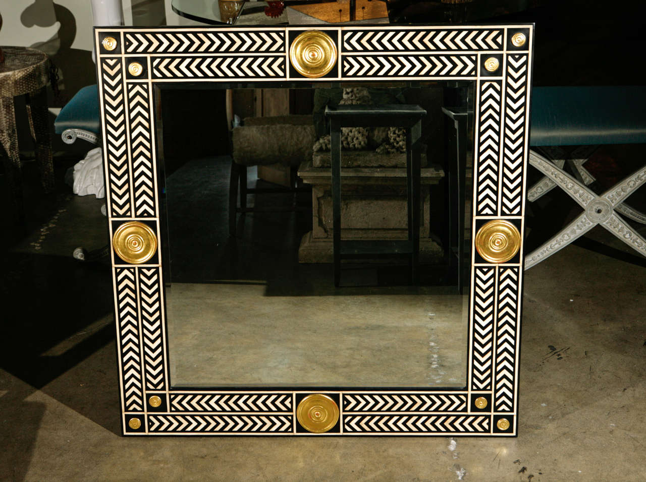 Paul Marra Hand Painted Herringbone Mirror with medallions in gold gilt finish. 