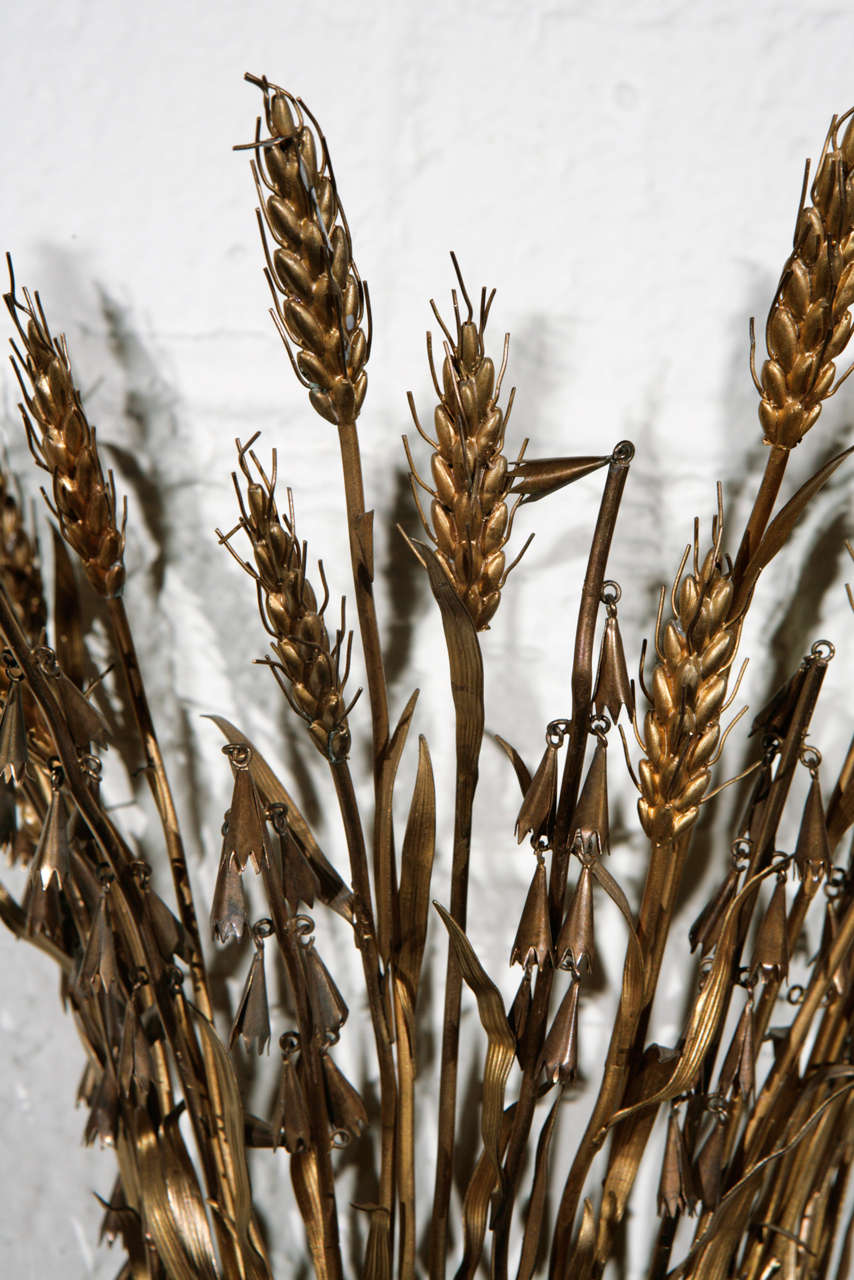 Brass Mid-Century Pair of Italian Gilt Wheat Sconces For Sale