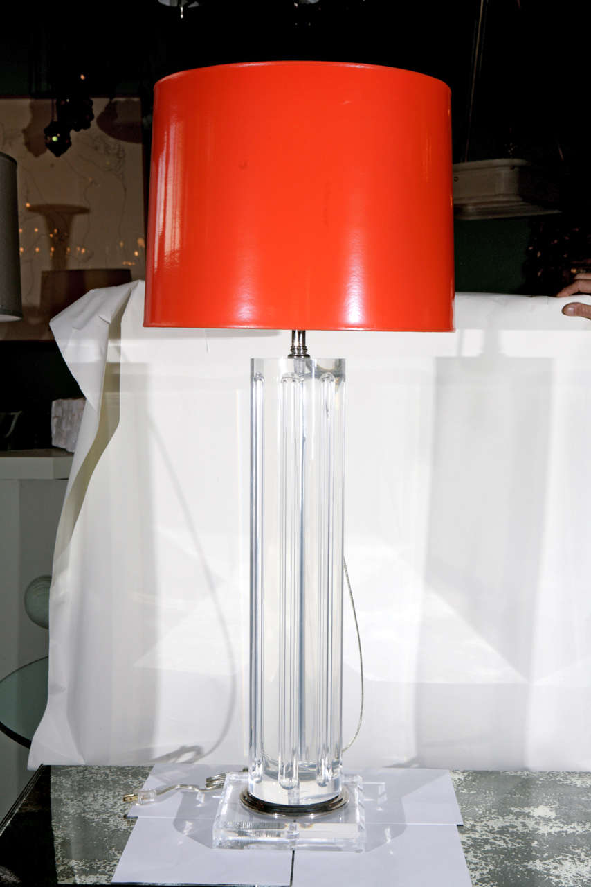 Pair of Lucite Column Lamps with Custom Orange Lacquer Shades