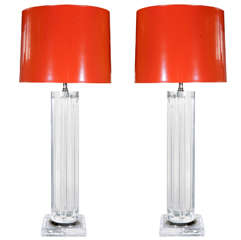 Pair of Lucite Column Lamps with Custom Orange Lacquer Shades