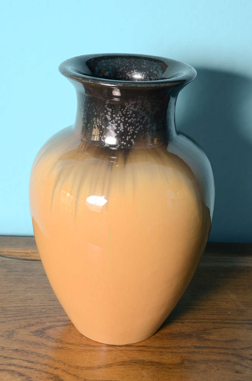 American Art Pottery Vase made by Fulper Pottery, Flemington, New Jersey.  Fine mix of glazes: Butterscotch with Cat's Eye and Mirrored Black rim, neck & shoulders.  American, circa 1915.