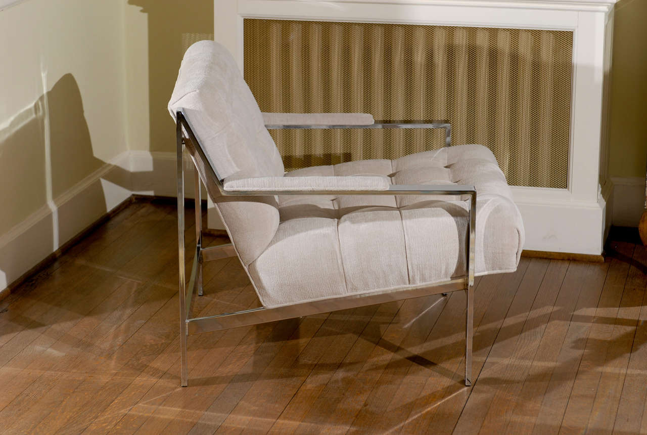 Restored Pair of Cy Mann Lounge Chairs in Cut Linen Velvet For Sale at