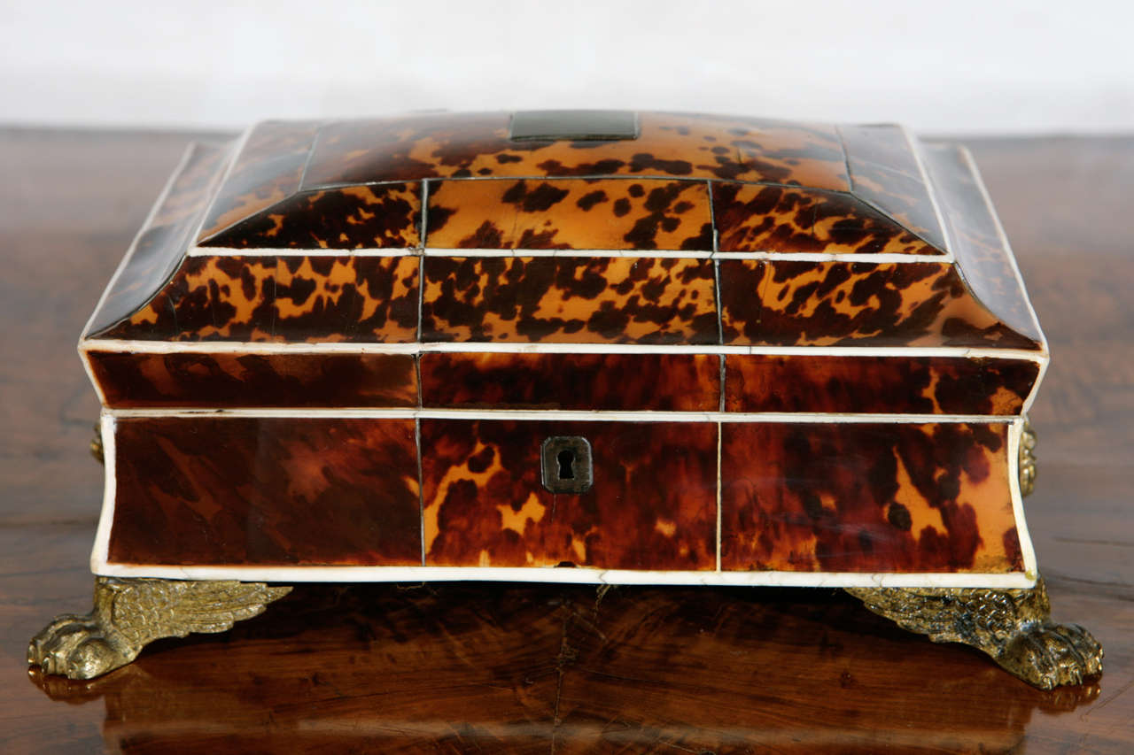 Early 19th c. English Regency Tortoiseshell Sewing Box with Bronze Mountings.