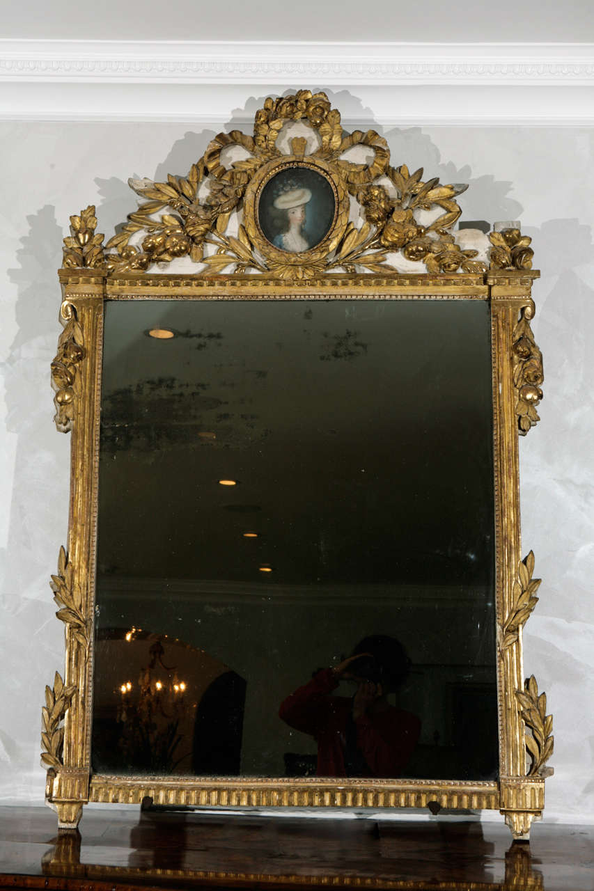 18th c. French Carved Giltwood and Painted Mirror with Pastel Portrait of a Lady.  Original Mirror.