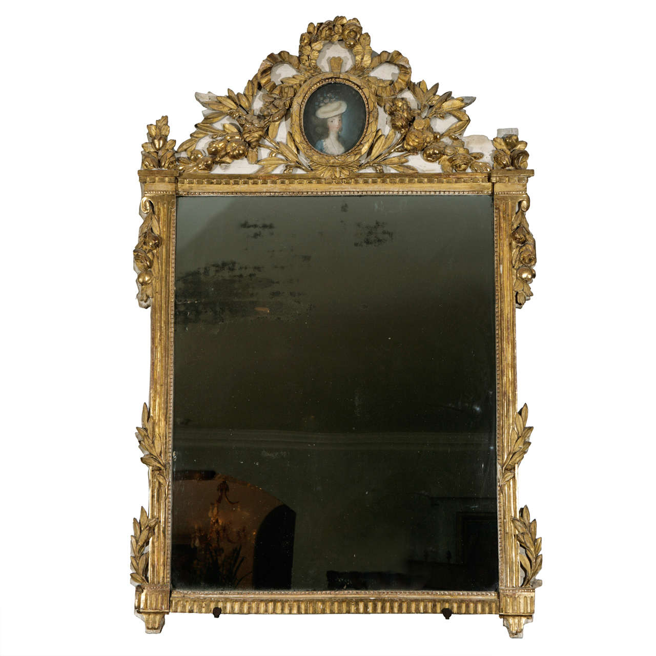 18th Century French Giltwood Mirror with Portrait of a Lady For Sale