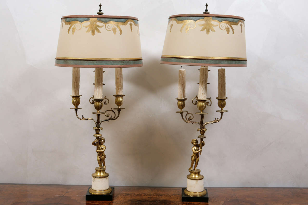 Pair of 19th c. French Dore Bronze and Marble Candelabra Lamps