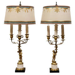 Pair of 19th c. French Dore Bronze and Marble Candelabra Lamps