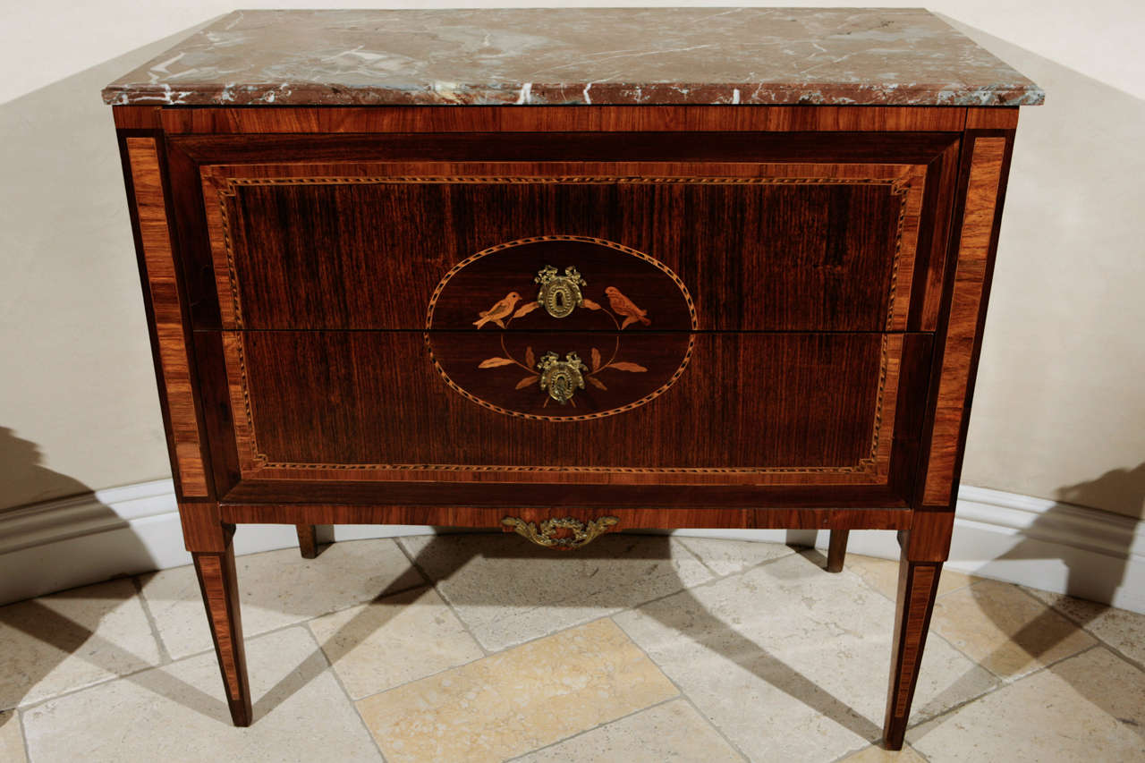 Early 19th century Italian Walnut two-Drawer Commode with Marble Top and Fruitwood Inlay of Bird and Flower Motif.  Stamped by Maker (SESSLE).
