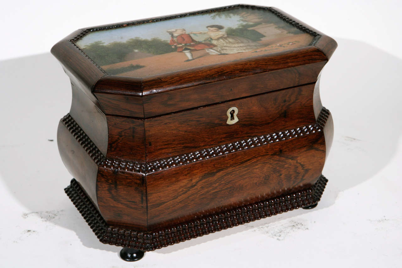 Late 18th c. to Early 19th c. French (possibly Dutch)  Rosewood Box with Painted Scene and Original Glass and Key.