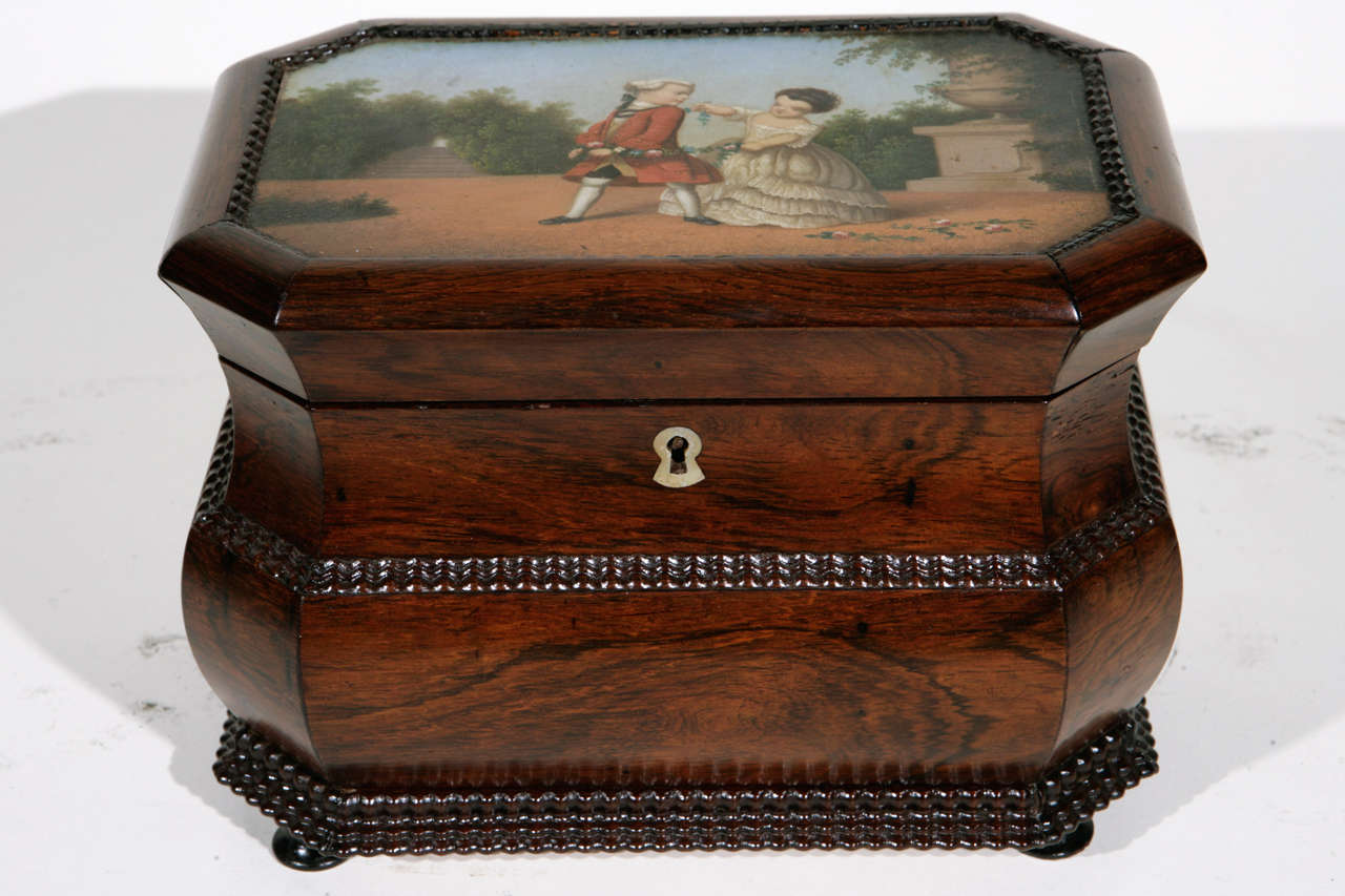 French Late 18th Century Rosewood Box with Painted Scene For Sale