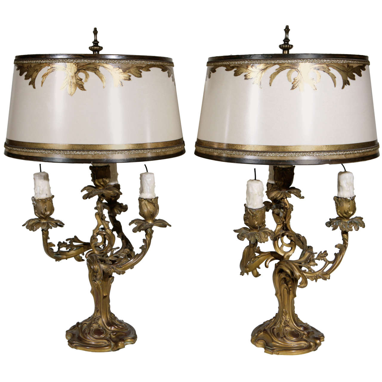 Pair of 19th c. French 3 Arm Dore Bronze Candelabra Lamps For Sale