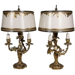 Antique Pair of 19th c. French 3 Arm Dore Bronze Candelabra Lamps