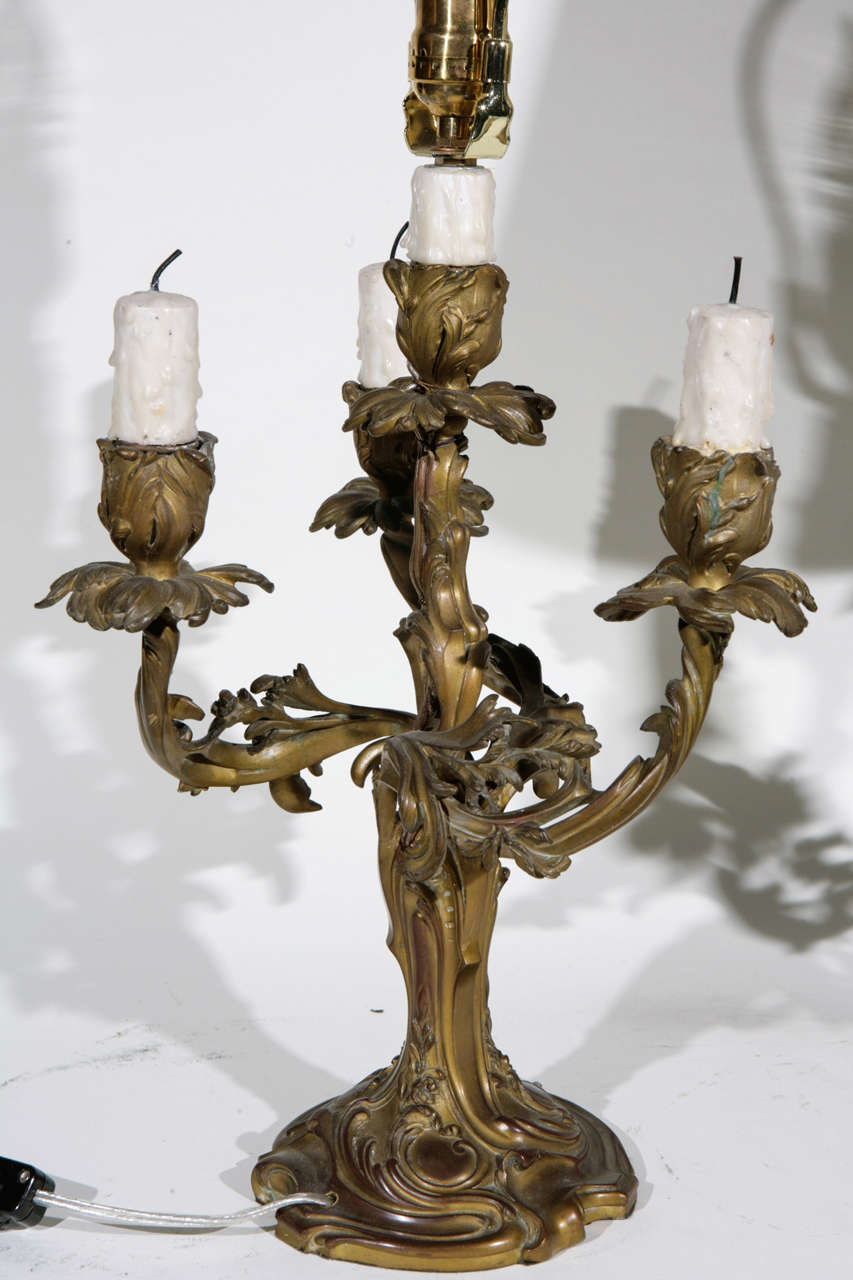 Pair of 19th c. French 3 Arm Dore Bronze Candelabra Lamps For Sale 1