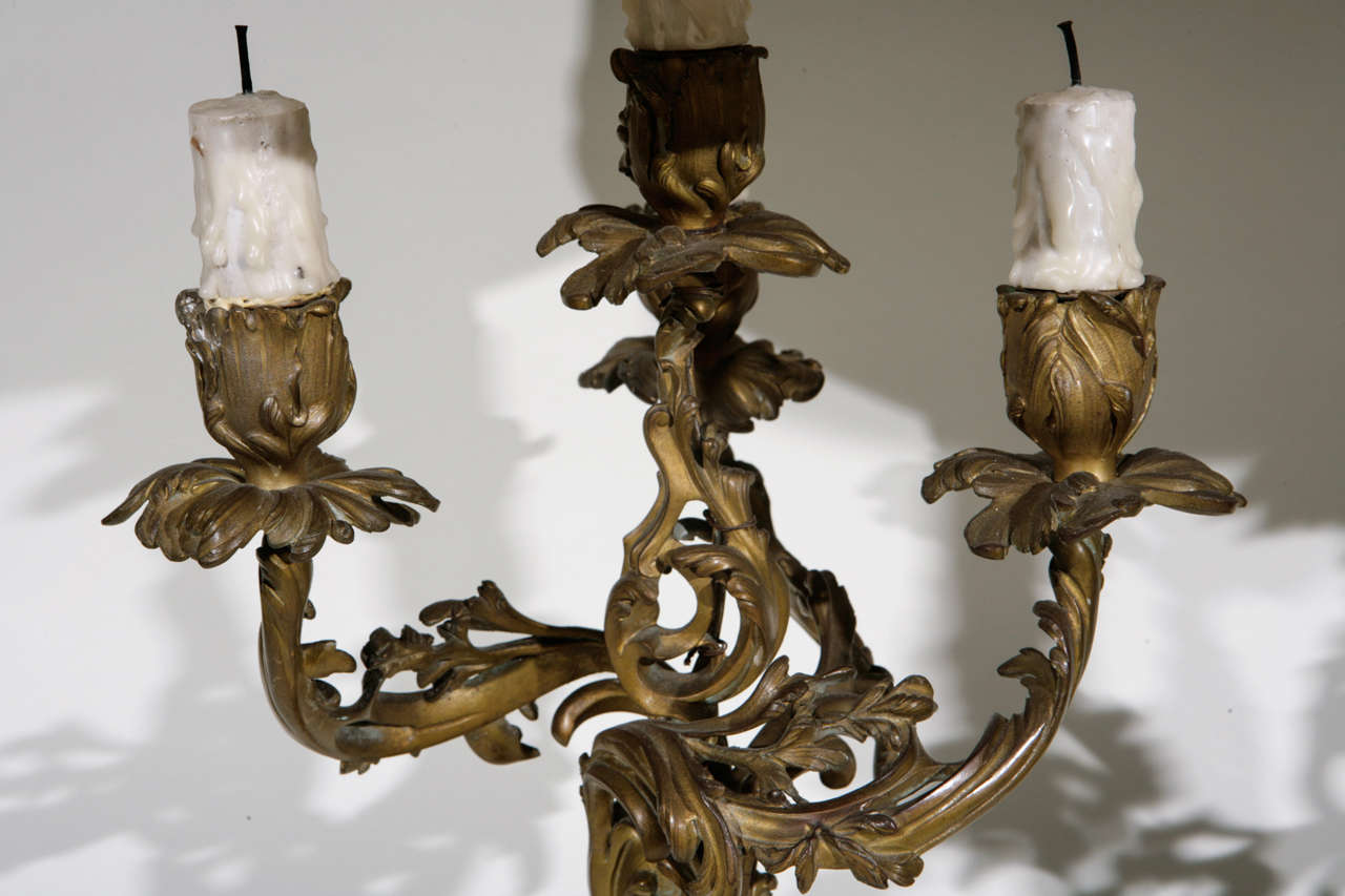 Pair of 19th c. French 3 Arm Dore Bronze Candelabra Lamps For Sale at
