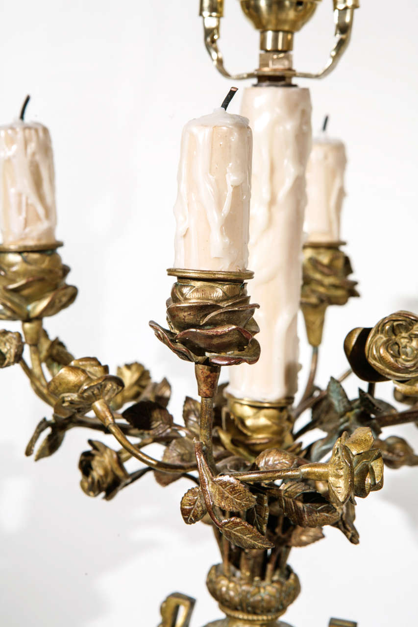 Pair of 19th Century French Bronze and Coral Marble Candelabra Lamps For Sale 4