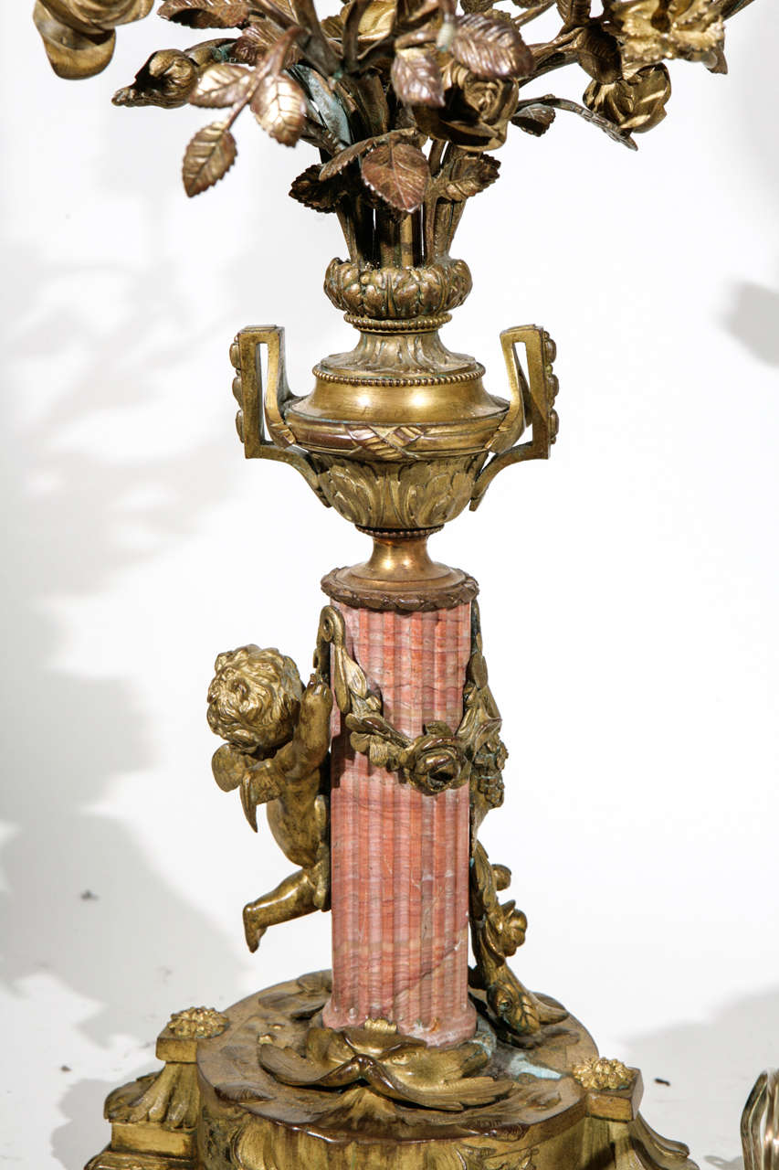 Pair of 19th Century French Bronze and Coral Marble Candelabra Lamps For Sale 6