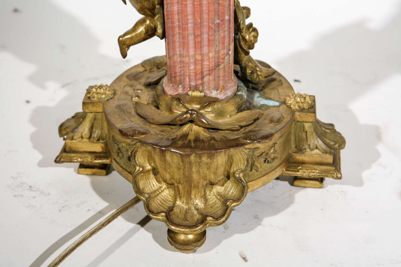 Pair of 19th Century French Bronze and Coral Marble Candelabra Lamps For Sale 7