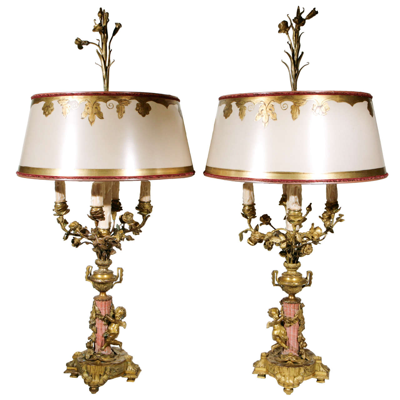 Pair of 19th Century French Bronze and Coral Marble Candelabra Lamps For Sale