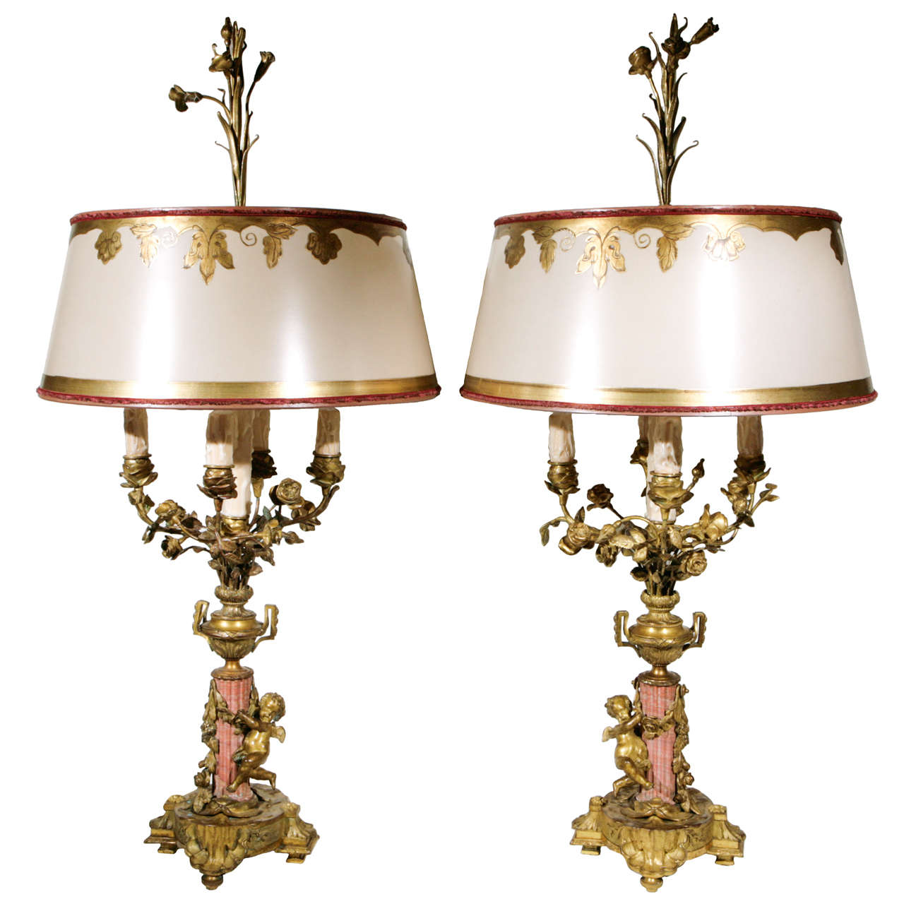 Pair of 19th Century French Bronze and Coral Marble Candelabra Lamps